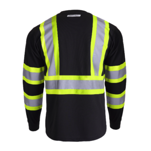 Parte trasera de la camiseta de seguridad de manga larga bicolor negra y amarilla con bolsillo JORESTECH de alta visibilidad y reflectante