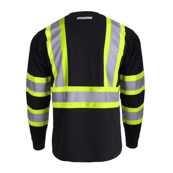 Parte trasera de la camiseta de seguridad de manga larga bicolor negra y amarilla con bolsillo JORESTECH de alta visibilidad y reflectante