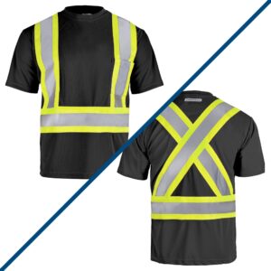 Frente y dorso de una camiseta de seguridad negra JORESTECH con bolsillo en el pecho y X en la espalda