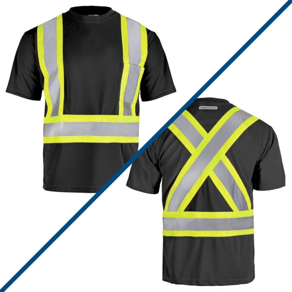 Frente y dorso de una camiseta de seguridad negra JORESTECH con bolsillo en el pecho y X en la espalda