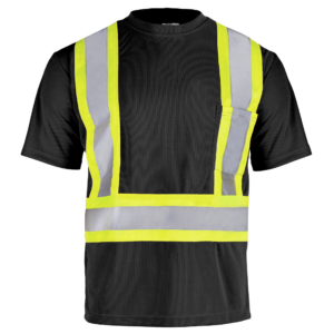 vista frontal de una camisa de seguridad de bolsillo JORESTECH de alta visibilidad reflectante bicolor en negro y amarillo, confeccionada con tejido de poliéster ojo de pájaro