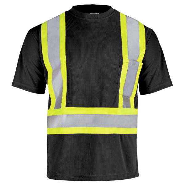 vista frontal de una camisa de seguridad de bolsillo JORESTECH de alta visibilidad reflectante bicolor en negro y amarillo, confeccionada con tejido de poliéster ojo de pájaro
