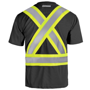Vista trasera de una camiseta de seguridad JORESTECH bicolor negro y amarillo de alta visibilidad reflectante con bolsillo y X en la espalda