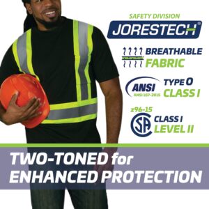 Un hombre lleva una camisa de seguridad reflectante negra y amarilla. El icono con texto dice: tejido transpirable, ANSI Type O, Class I. CSA Class 1 Level 2. Bicolor para una protección mejorada.
