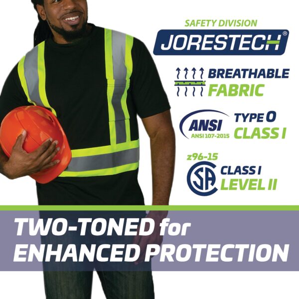 Un hombre lleva una camisa de seguridad reflectante negra y amarilla. El icono con texto dice: tejido transpirable, ANSI Type O, Class I. CSA Class 1 Level 2. Bicolor para una protección mejorada.