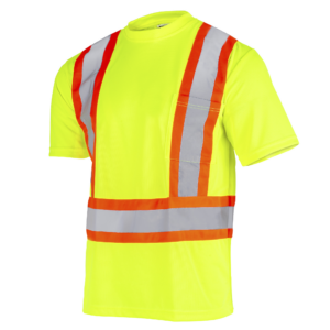 Imagen en vista diagonal de una camiseta de seguridad con bolsillo de dos tonos en amarillo y naranja de alta visibilidad reflectante