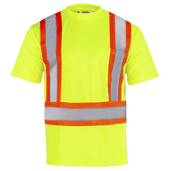 vista frontal de una camisa de seguridad con bolsillo, de alta visibilidad, reflectante, bicolor, amarilla y naranja
