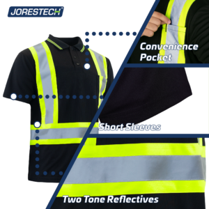 Características del polo de seguridad. El texto dice: bolsillo de conveniencia, polo de manga corta y reflectante de dos tonos