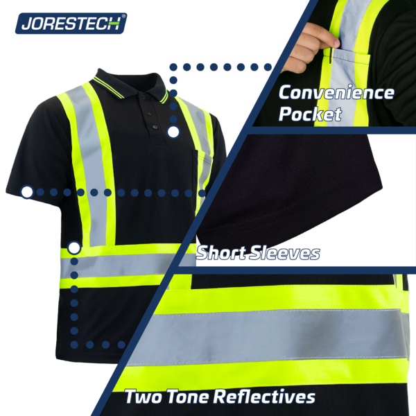 Características del polo de seguridad. El texto dice: bolsillo de conveniencia, polo de manga corta y reflectante de dos tonos