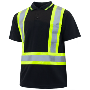 Polo de seguridad reflectante Hi Vis negro JORESTECH con tiras contrastantes color lima, cuello de polo y bolsillo en el pecho
