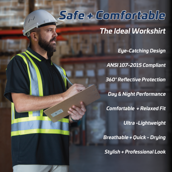 Trabajador usando la camiseta polo reflectante birds eye de alta visibilidad ANSI para protección