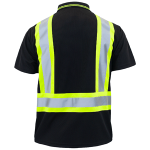 Parte trasera de la camiseta polo de seguridad reflectante JORESTECH negra Hi Vis con franjas contrastantes color lima