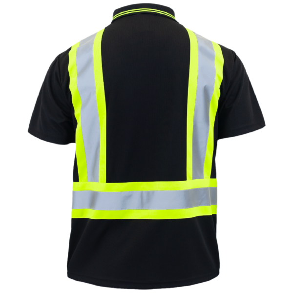 Parte trasera de la camiseta polo de seguridad reflectante JORESTECH negra Hi Vis con franjas contrastantes color lima