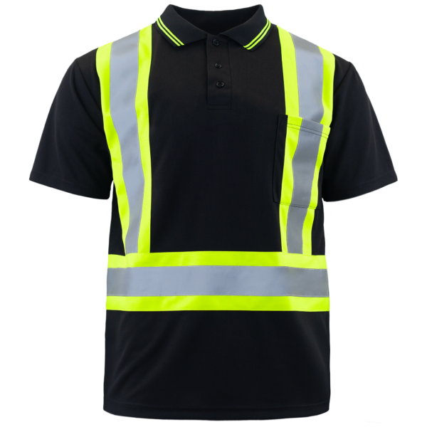 Camisa polo de seguridad reflectante de alta visibilidad negra con botones, con franjas contrastantes de color lima, cuello estilo polo y bolsillo en el pecho