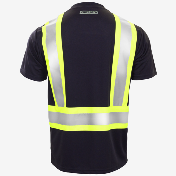 Vista trasera de la camiseta de seguridad JORESTECH de manga corta, alta visibilidad, reflectante, bicolor, negra y amarilla