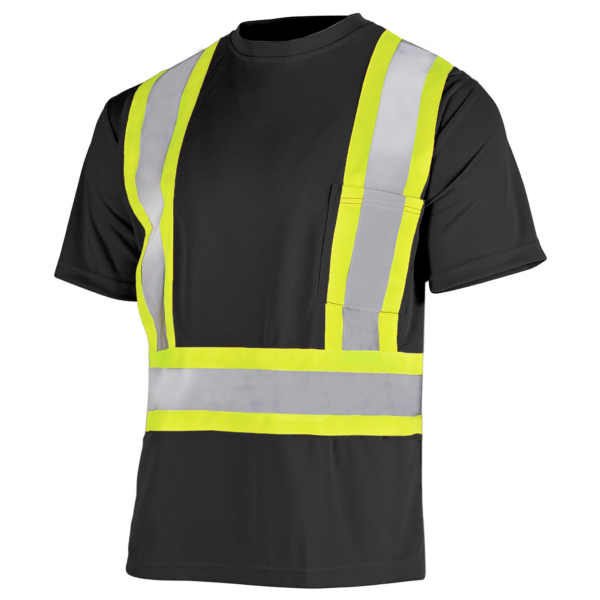 Vista diagonal de la camiseta de seguridad negra de manga corta Hi-vis reflectante de dos tonos