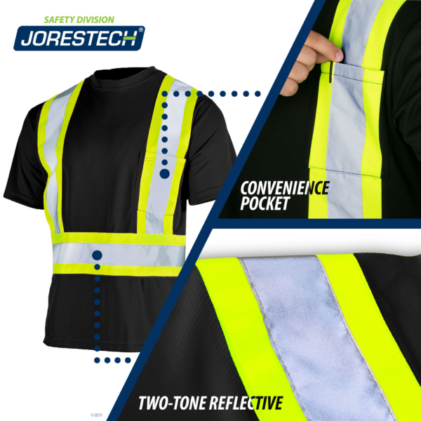 La camiseta de seguridad de dos tonos JORESTECH se muestra con 2 destacados que dicen: bolsillo en el pecho práctico, reflectante de dos tonos