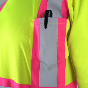 Camiseta de seguridad reflectante de alta visibilidad bicolor con franjas rosas y bolsillo en el pecho