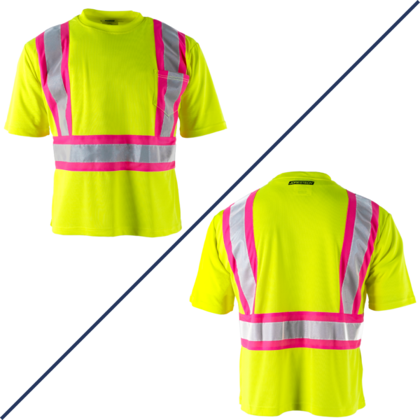 Camiseta de seguridad de dos tonos de alta visibilidad con cintas reflectantes y franjas rosas