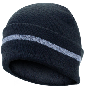 Presenta el gorro negro JORESTECH con franja reflectante sobre fondo blanco