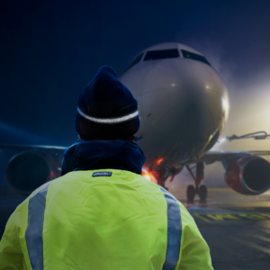 Hombre con un gorro negro con banda reflectante y una chaqueta reflectante verde lima Vi-vis mientras guía un avión por la pista de aterrizaje de noche