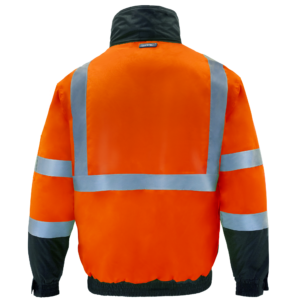 Parte trasera de la chaqueta bomber de seguridad JORESTECH aislada de alta visibilidad naranja y negra con franjas reflectantes y capucha, conforme a ANSI, tipo R, clase 3