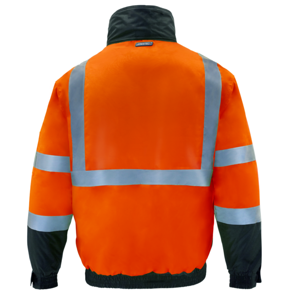 Parte trasera de la chaqueta bomber de seguridad JORESTECH aislada de alta visibilidad naranja y negra con franjas reflectantes y capucha, conforme a ANSI, tipo R, clase 3