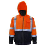 Chaqueta bomber de seguridad naranja de alta visibilidad con bandas reflectantes y capucha