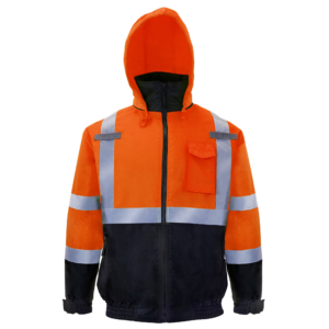 Chaqueta bomber de seguridad naranja de alta visibilidad con bandas reflectantes y capucha