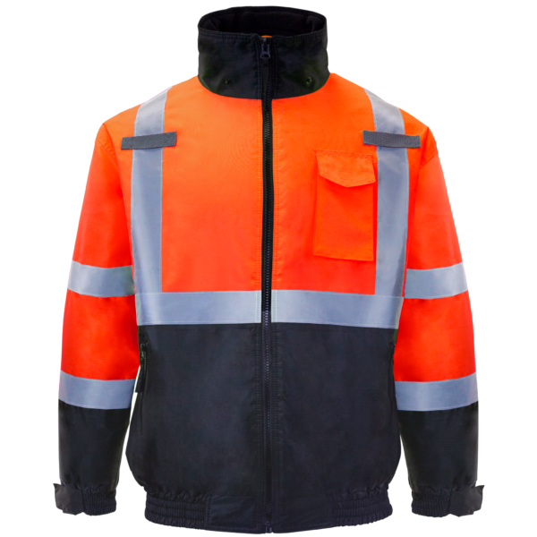 Chaqueta bomber de alta visibilidad acolchada naranja y negra clase 3 tipo R con franjas reflectantes