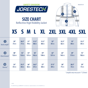 Tabla de tallas de la chaqueta bomber de seguridad JORESTECH de alta visibilidad con franjas reflectantes
