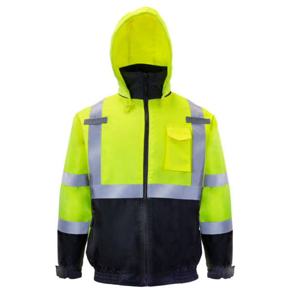 Chaqueta bomber de seguridad JORESTECH de alta visibilidad, color lima y negro, acolchada, con franjas reflectantes y capucha