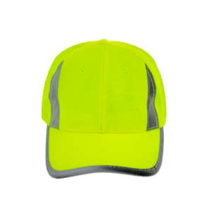 Vista frontal de la gorra de seguridad JORESTECH color lima de alta visibilidad con franjas reflectantes sobre fondo blanco