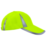 Vista lateral de la gorra de seguridad JORESTECH de alta visibilidad color lima con franjas reflectantes