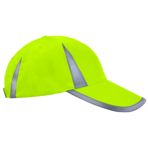 Vista lateral de la gorra de seguridad JORESTECH de alta visibilidad color lima con franjas reflectantes