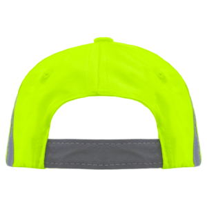 Vista trasera de la gorra de seguridad JORESTECH de alta visibilidad color lima con franjas reflectantes sobre fondo blanco