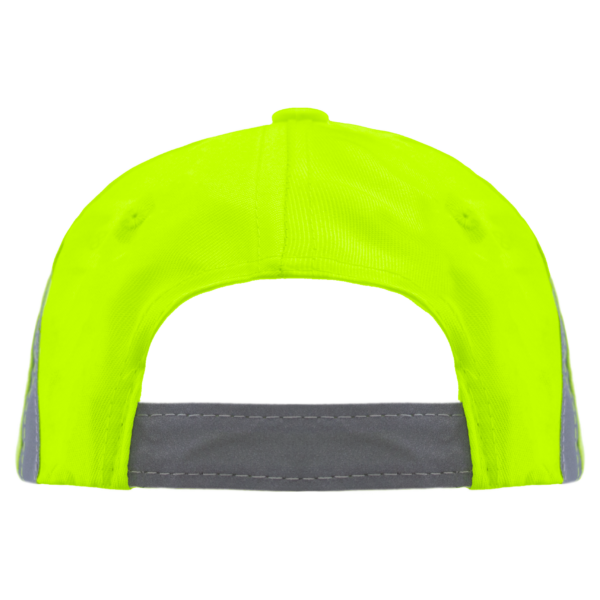 Vista trasera de la gorra de seguridad JORESTECH de alta visibilidad color lima con franjas reflectantes sobre fondo blanco