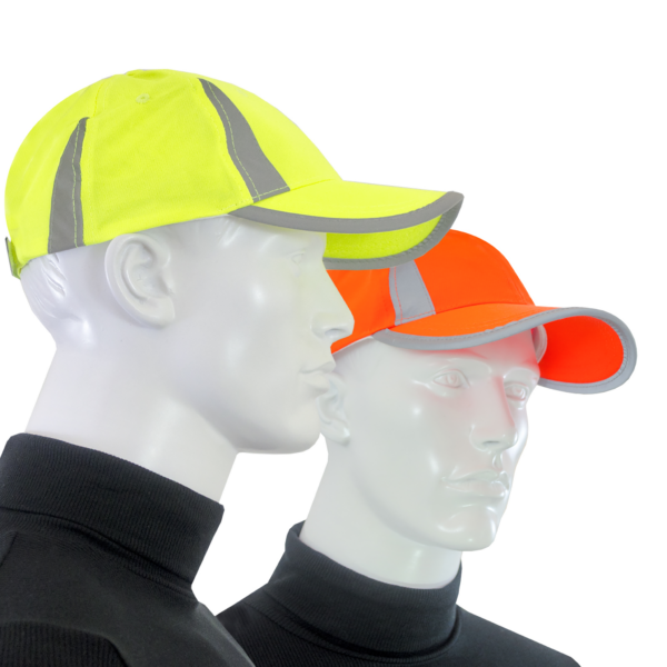 Dos maniquíes usando la gorra de alta visibilidad JORESTECH naranja y verde lima con rayas reflectantes