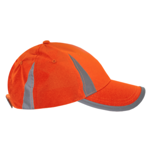 Vista lateral de la gorra de seguridad JORESTECH naranja de alta visibilidad con franjas reflectantes