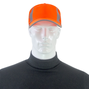 Un maniquí que lleva una gorra naranja de alta visibilidad con franjas reflectantes