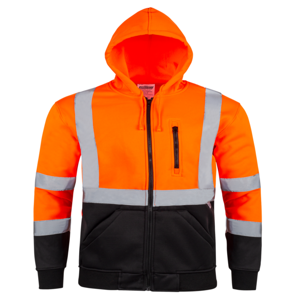 Vista frontal de la sudadera con capucha de alta visibilidad JORESTECH en naranja y negro, con franjas reflectantes.