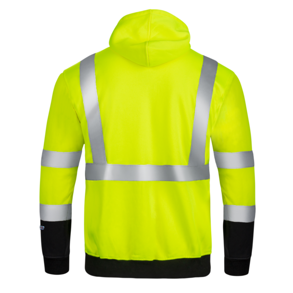 Vista trasera de la sudadera con capucha de seguridad JORESTECH de alta visibilidad en amarillo y negro con franjas reflectantes