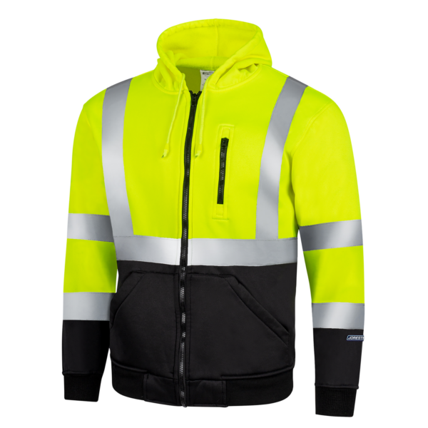 Vista diagonal de la sudadera con capucha de seguridad de alta visibilidad JORESTECH en amarillo y negro, con franjas reflectantes