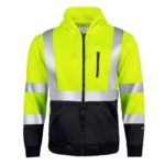 Vista frontal de la sudadera con capucha de seguridad de alta visibilidad JORESTECH en amarillo y negro con franjas reflectantes y cierre de cremallera completo