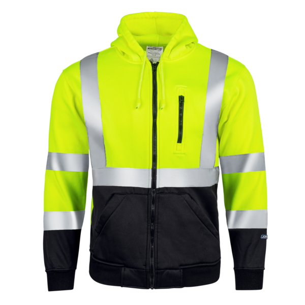 Vista frontal de la sudadera con capucha de seguridad de alta visibilidad JORESTECH en amarillo y negro con franjas reflectantes y cierre de cremallera completo