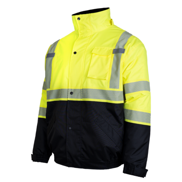 Chaqueta de seguridad de alta visibilidad amarilla y negra con cintas reflectantes de transferencia térmica y capucha desmontable