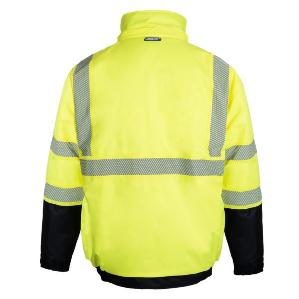 Vista trasera de la chaqueta de seguridad de alta visibilidad amarilla y negra, conforme a ANSI, con bandas reflectantes de transferencia térmica y capucha desmontable para trabajos en carretera