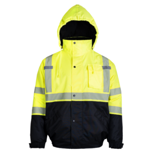 Chaqueta bomber de seguridad de alta visibilidad impermeable amarilla y negra con cintas reflectantes termotransferidas y capucha desmontable