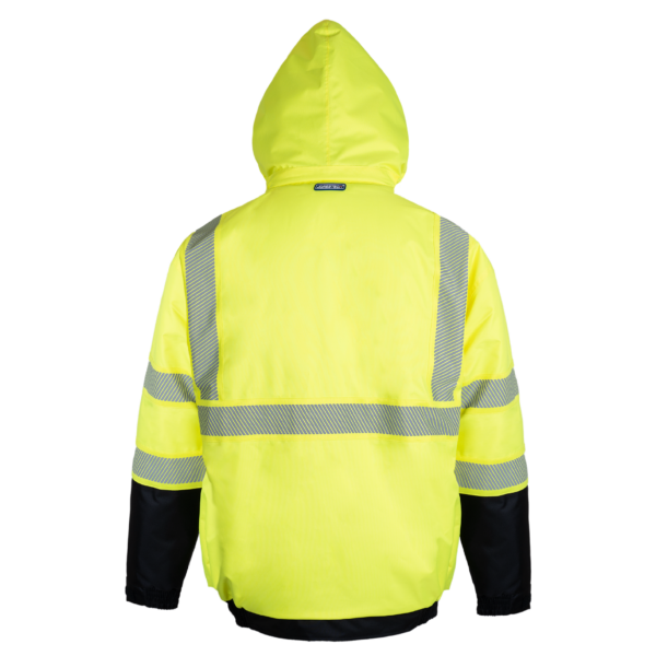 Vista trasera de la chaqueta de seguridad de alta visibilidad amarilla y negra, conforme a ANSI, con cintas reflectantes de transferencia térmica y capucha desmontable para trabajos viales