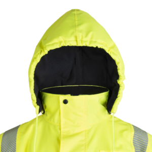 Vista de chaqueta de seguridad de alta visibilidad amarilla y negra con forro polar, cintas reflectantes transferidas por calor, capucha desmontable y bolsillos.